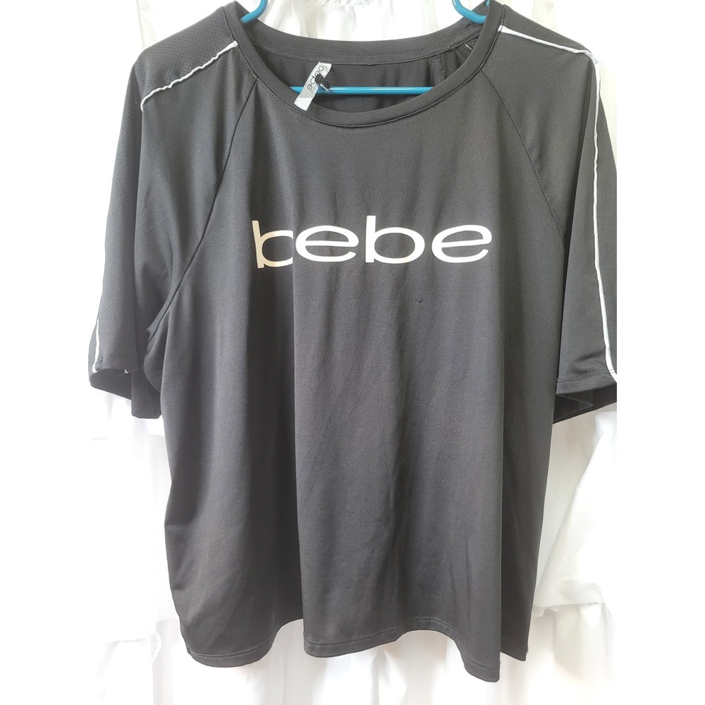 Bebe Sport Womens XL Black Short Sleeve Activewear Logo T-Shirt Mesh Trim  1922